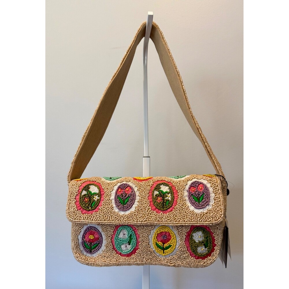 New America & Beyond Vintage Inspired Floral Oval Block Print Beaded Bag